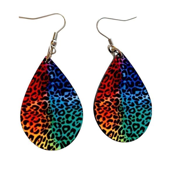 Handmade Rainbow Leopard Print Teardrop Earrings - Picture 1 of 1